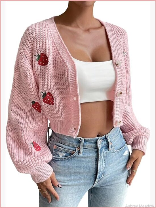 Sweaters - Strawberry Embroidery Crop Cardigan V Neck Button Front Drop Shoulder